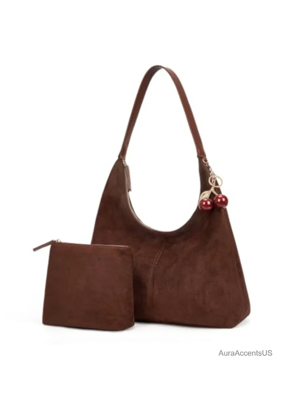 Faux Suede Hobo Bag Brown Large Fall Shoulder Purse with Zippered Pouch